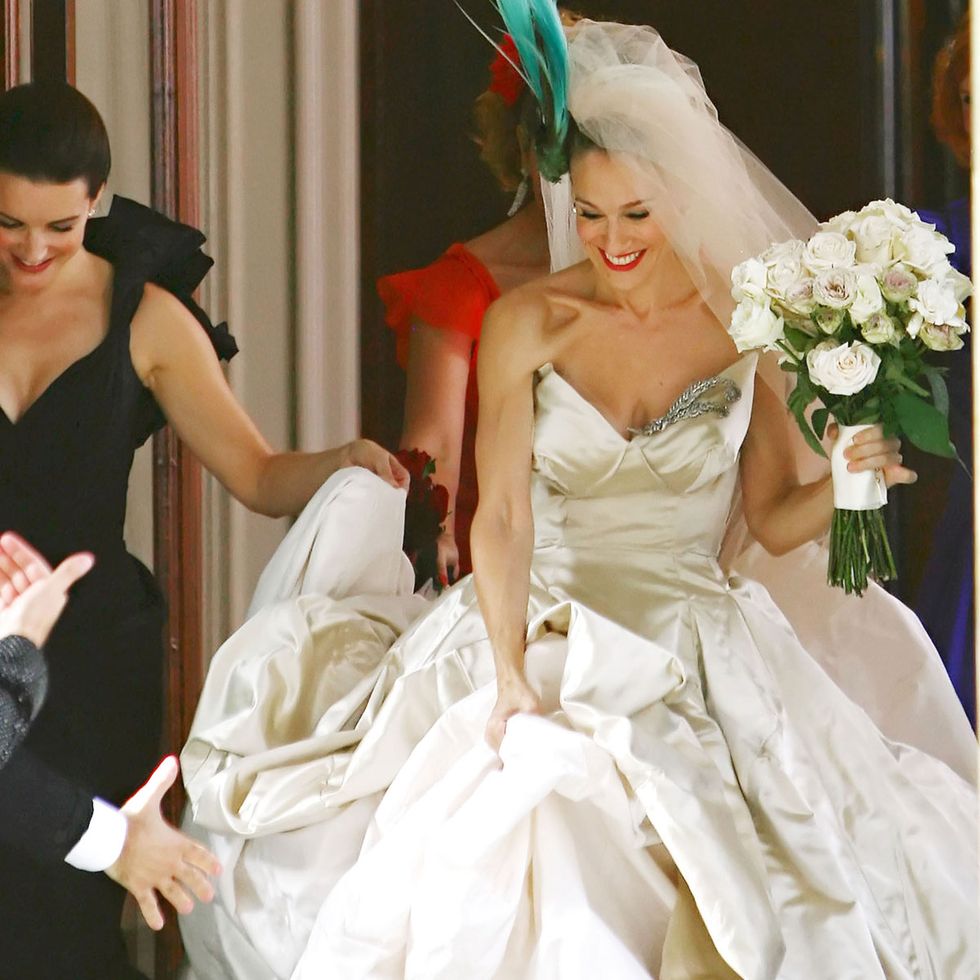 Wedding dress, Gown, Dress, Bridal clothing, White, Bride, Clothing, Shoulder, Bridal accessory, Bridal party dress, 