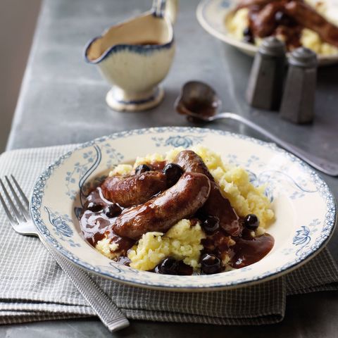 Venison sausages and mash with blueberry gravy
