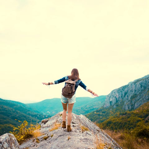 People in nature, Mountainous landforms, Photograph, Mountain, Sky, Beauty, Wilderness, Shoulder, Happy, Rock, 