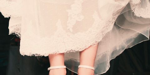 Dress, Human leg, Joint, White, Pink, Bridal clothing, One-piece garment, Foot, Toe, Wedding dress, 