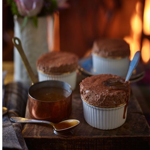 Chilled chocolate and whisky soufflés with salted butterscotch sauce