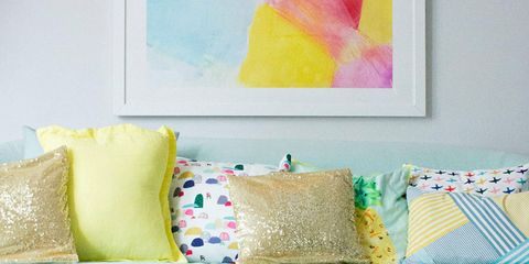 Yellow, Green, Room, Pink, Petal, Teal, Turquoise, Wall, Interior design, Purple, 