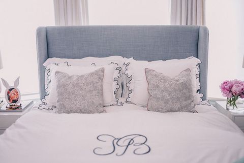 Blue, Room, Interior design, Textile, Bedding, Furniture, Linens, Bed, Wall, Cushion, 