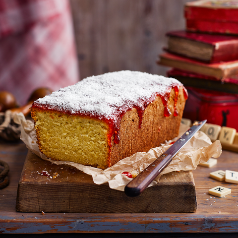 jam and coconut loaf cake