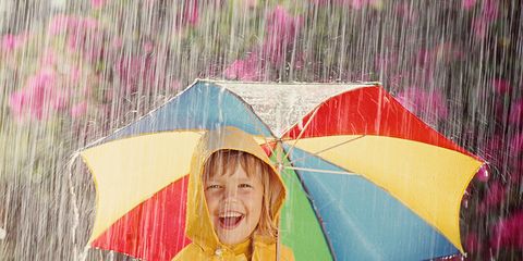 Umbrella, Pink, Rain, Smile, Fun, Fashion accessory, Outerwear, Magenta, Happy, Raincoat, 