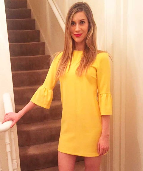 Clothing, Yellow, Neck, Sleeve, Dress, Pink, Shoulder, Fashion, Peach, Leg, 