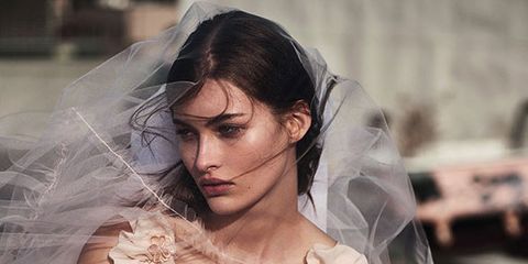 Veil, Bridal veil, Bridal accessory, Wedding dress, Beauty, Bride, Dress, Hairstyle, Headpiece, Shoulder, 