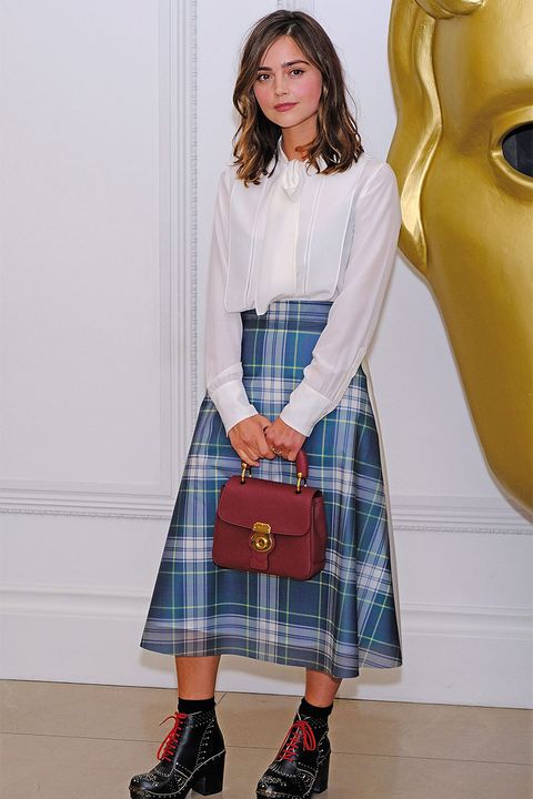 Jenna Coleman wears tartan skirt to BAFTA Breakthough 2017 at Burberry store in London