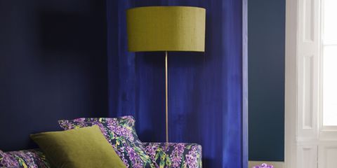 Blue, Yellow, Interior design, Room, Purple, Textile, Furniture, Wall, Violet, Lavender, 