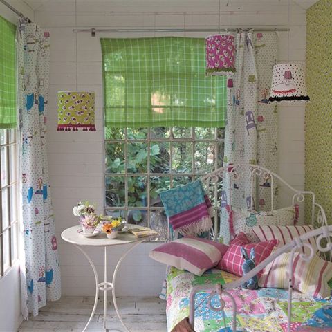 Interior design, Room, Green, Textile, Flowerpot, Pink, Window treatment, Interior design, Purple, Window covering, 