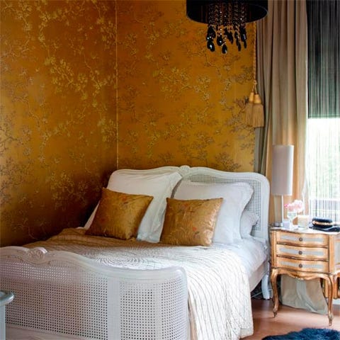 Room, Interior design, Yellow, Bed, Wall, Bedding, Textile, Bedroom, Furniture, Linens, 
