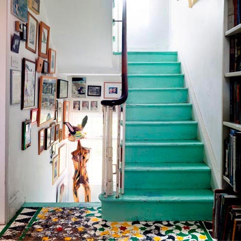 Stairs, Interior design, Room, Wall, Teal, Floor, Shelf, Shelving, Turquoise, Paint, 