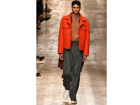 Clothing, Fashion, Orange, Runway, Fashion show, Fashion model, Outerwear, Workwear, Jacket, Trousers, 