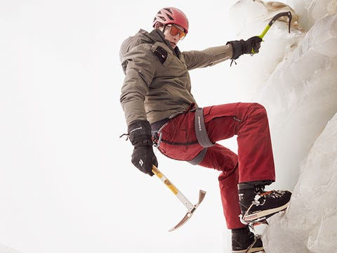 Skier, Snow, Recreation, Adventure, Extreme sport, Sports, Outerwear, Ice climbing, Sports equipment, Footwear, 