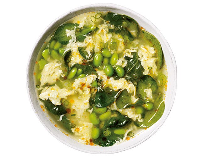 Egg, pea and spinach soup