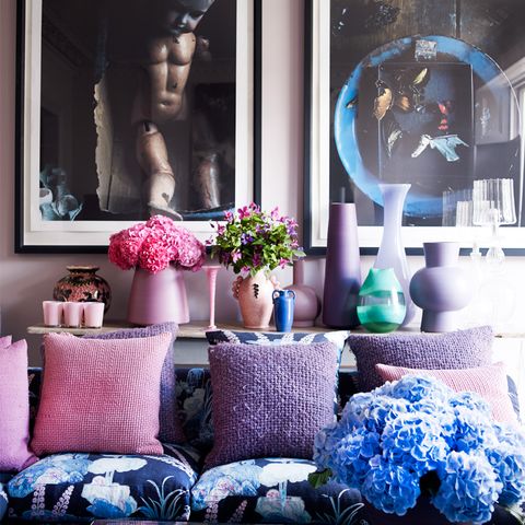 Blue, Interior design, Purple, Flower, Interior design, Throw pillow, Flowerpot, Lavender, Pillow, Cushion, 