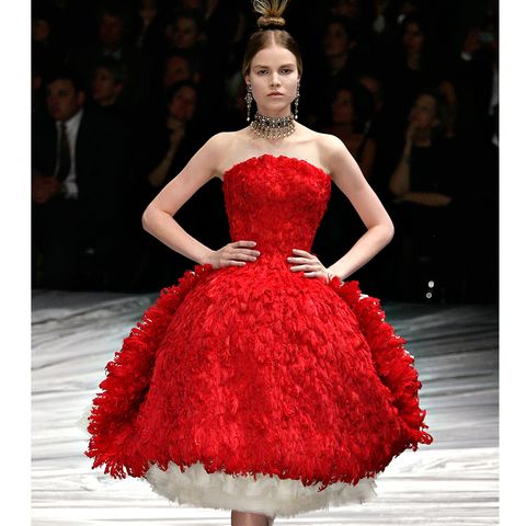 Clothing, Dress, Shoulder, Red, Formal wear, Fashion show, Style, Fashion model, One-piece garment, Gown, 