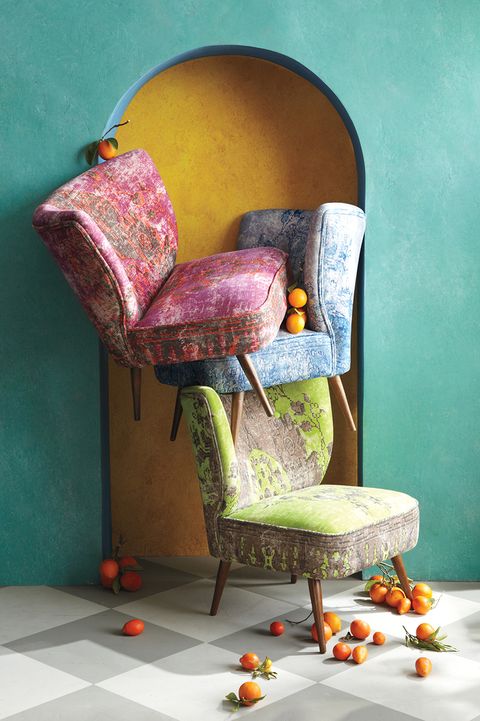 Yellow, Chair, Magenta, Orange, Purple, Teal, Turquoise, Still life photography, Armrest, Pumpkin, 