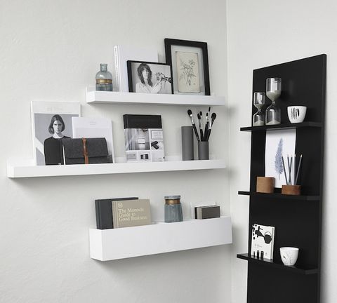 Shelving, Wall, Interior design, Collection, Shelf, Grey, Picture frame, Still life photography, 