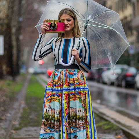 Umbrella, Street fashion, Fashion accessory, Fashion, Bag, Day dress, Fashion design, Rain, One-piece garment, Pattern, 