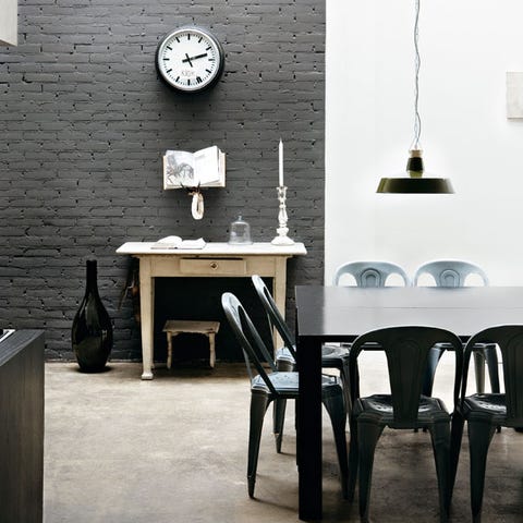 Room, Wood, White, Table, Furniture, Wall, Interior design, Floor, Wall clock, Black, 