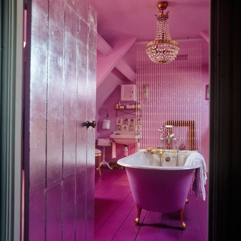 Plumbing fixture, Property, Purple, Interior design, Chandelier, Floor, Room, Pink, Bathroom sink, Violet, 