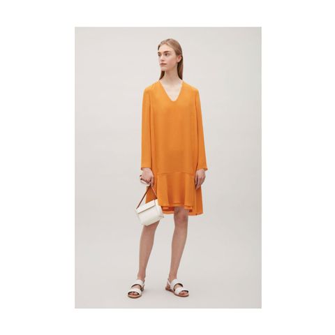 Clothing, Orange, Dress, Shoulder, Neck, Yellow, Beige, Joint, Cocktail dress, Footwear, 