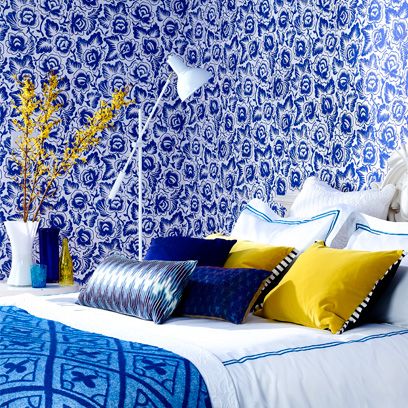 Blue, Room, Interior design, Wall, Textile, Majorelle blue, Linens, Bedding, Bedroom, Pillow, 