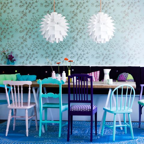 Turquoise, Purple, Furniture, Room, Pink, Violet, Table, Chair, Wall, Dining room, 