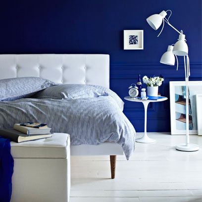Bedroom, Furniture, Bed, Blue, White, Room, Bed frame, Interior design, Wall, Product, 