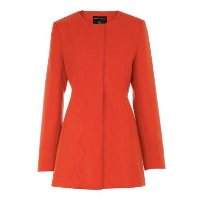 red collarless coat