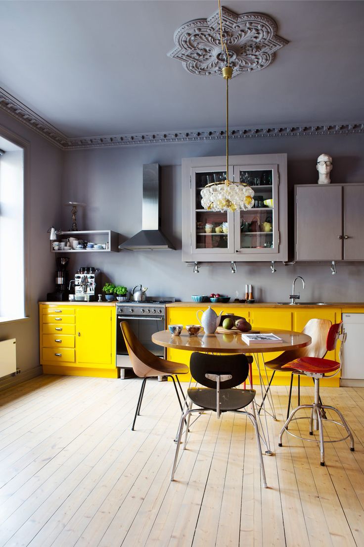 light grey and yellow kitchen