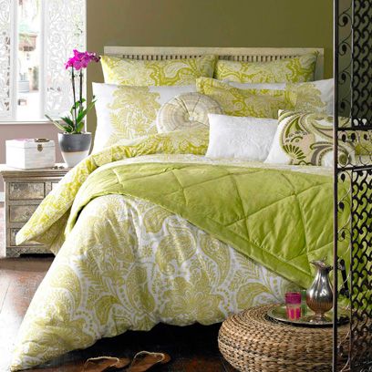 Room, Green, Yellow, Interior design, Wall, Home, Textile, Bedding, Floor, Linens, 