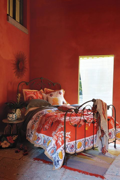 Furniture, Bed sheet, Bedroom, Bedding, Bed, Room, Red, Bed frame, Orange, Textile, 