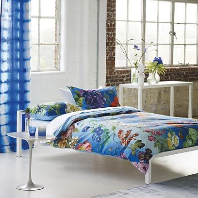 Blue, Interior design, Window, Room, Bedding, Textile, Wall, Bed sheet, Bed, Linens, 
