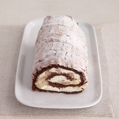 Chocolate and pear meringue roulade recipe
