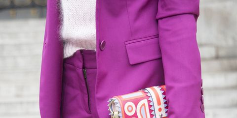 Sleeve, Textile, Magenta, Purple, Outerwear, Pink, Coat, Bag, Street fashion, Violet, 