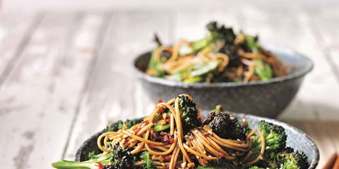 Soba noodles with broccoli and sweet soy, ginger and chilli dressing
