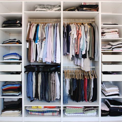 Closet, Room, Clothes hanger, Furniture, Wardrobe, Shelf, Cupboard, Shelving, 