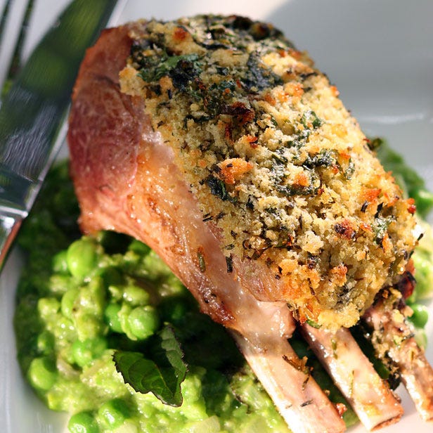 Herb Crusted Rack Of Lamb With Pea Mint And Shallot Sauce