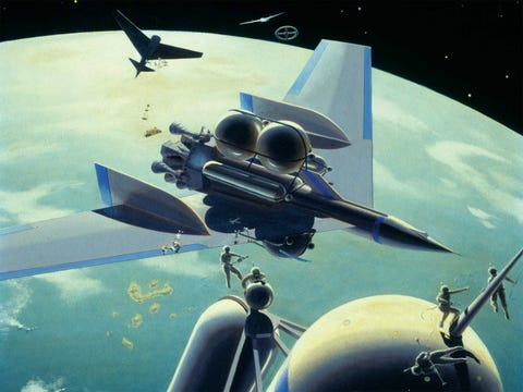 astronauts and spaceships explore the unknown in this chesley bonestell image