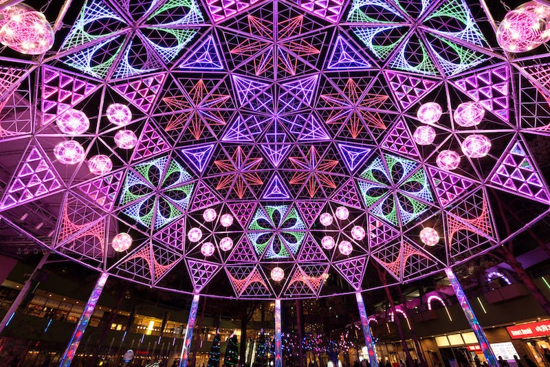 Purple, Magenta, Colorfulness, Ceiling, Violet, Art, Pattern, Light fixture, Symmetry, Decoration, 