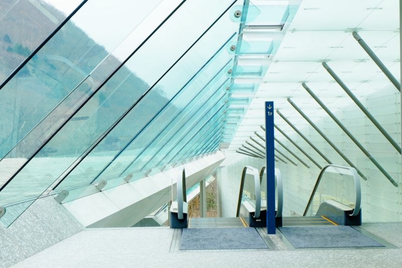 Stairs, Aqua, Teal, Turquoise, Azure, Parallel, Handrail, Commercial building, Headquarters, Transparent material, 