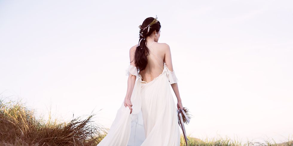 Wedding dress, Dress, Photograph, Gown, White, Clothing, Bridal clothing, Bride, Beauty, Skin, 