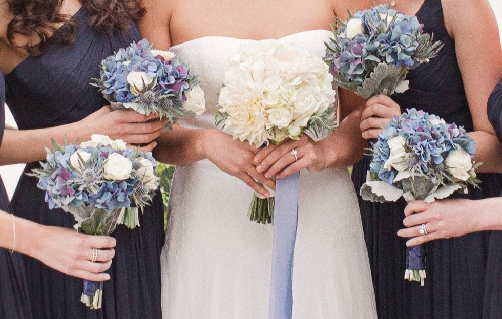 Clothing, Arm, Blue, Bouquet, Petal, Flower, Photograph, Cut flowers, Dress, Purple, 