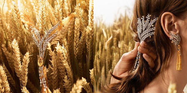 Hairstyle, Fashion accessory, Earrings, Agriculture, Hair accessory, People in nature, Flowering plant, Long hair, Grass family, Wheat, 