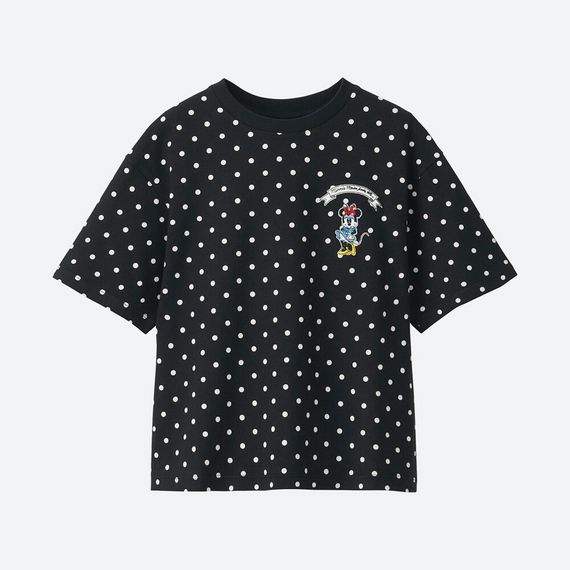 T-shirt, Clothing, Black, Pattern, Sleeve, Design, Polka dot, Top, Button, Polka, 