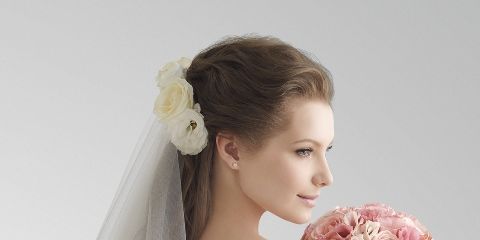Clothing, Hairstyle, Petal, Sleeve, Shoulder, Bridal clothing, Textile, Dress, Photograph, Joint, 