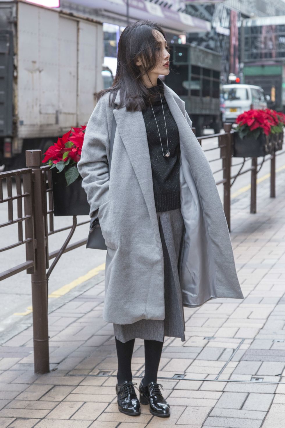 Clothing, Textile, Outerwear, Coat, Style, Street fashion, Street, Grey, Fur, Overcoat, 