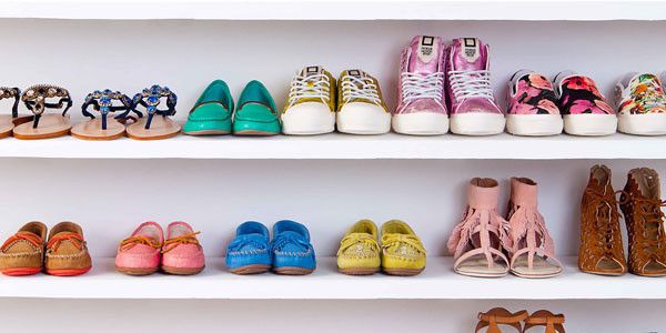 Shelf, Shelving, Peach, Retail, Collection, Orange, Dishware, Fashion, Shoe organizer, Shoe store, 